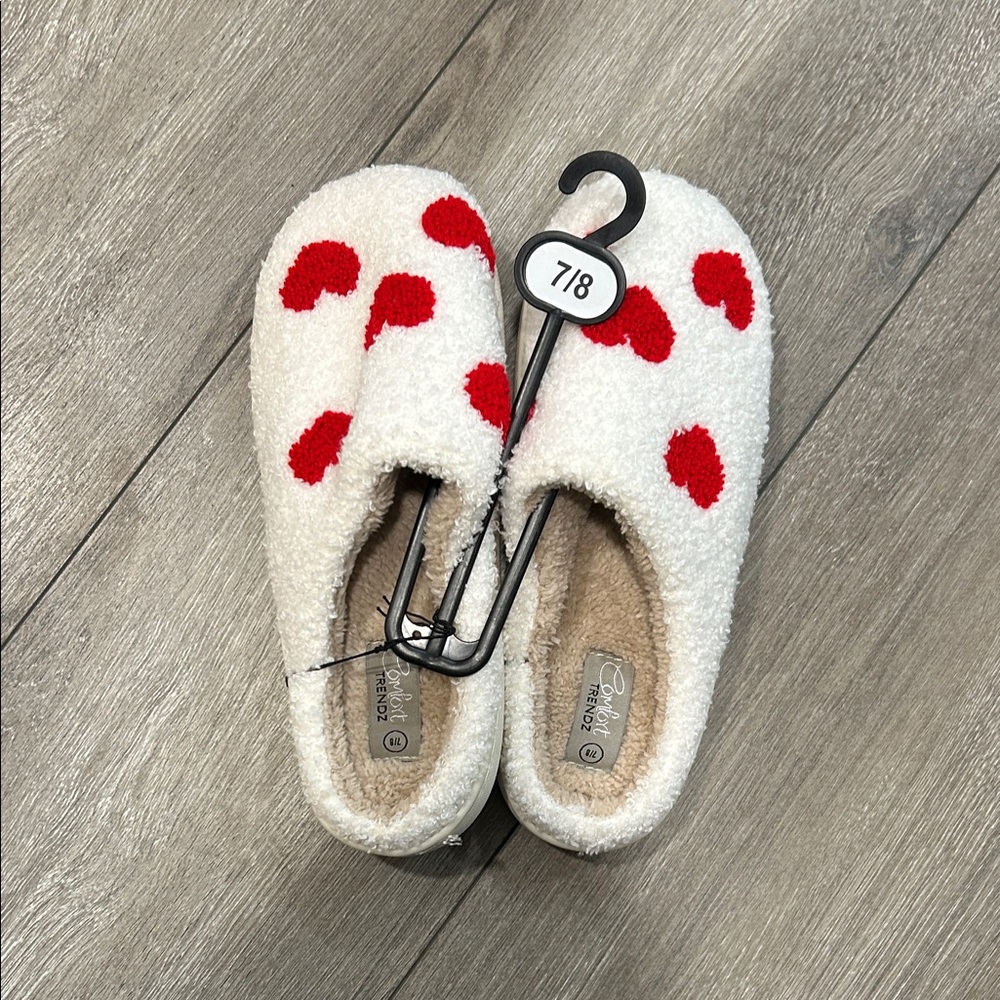 Cozy White Fuzzy Slippers with Red Heart Dots
